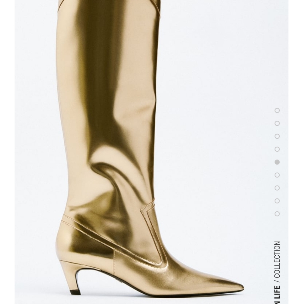 Zara NWT 38 7.5 Gold metallic patent leather boots cowboy heels patent barbie - Picture 6 of 13